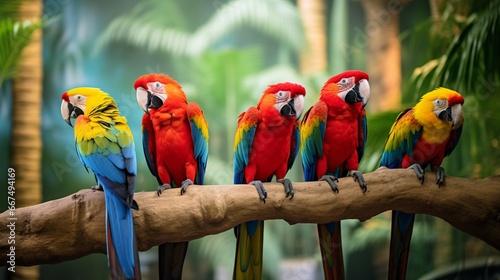 A group of colorful macaws, chattering loudly, clustered on a clay lick. © baloch