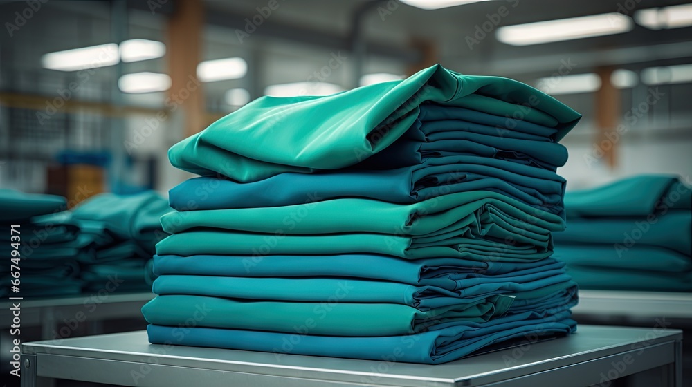 Industrial laundry service for cleaning and caring for surgical clothing in green and blue - obrazy, fototapety, plakaty 