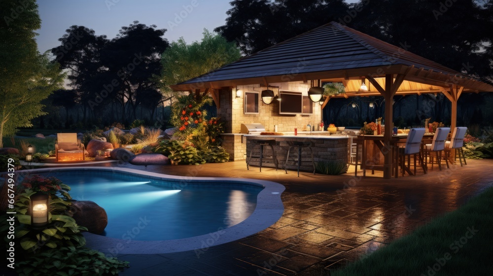 Outdoor space featuring a freeform pool kitchen and gazebo