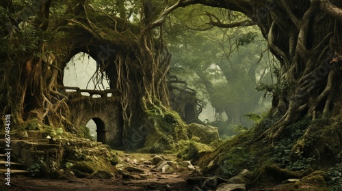 A grove of ancient trees, their gnarled roots and branches telling tales of bygone eras.