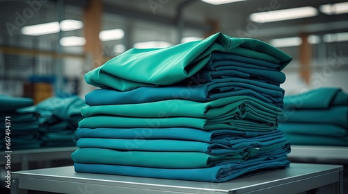 Industrial laundry service for cleaning and caring for surgical clothing in green and blue