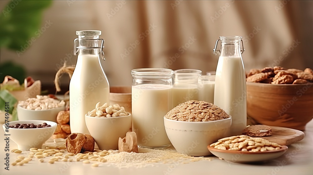 Organic vegan non dairy milk made from nuts oatmeal rice and soy placed on a kitchen table Organic vegan non dairy milk made from nuts oatmeal rice and soy placed on a kitchen table