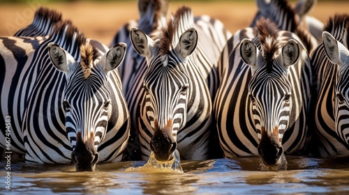 A herd of zebras  their stripes forming a mesmerizing pattern as they drink from a watering hole.
