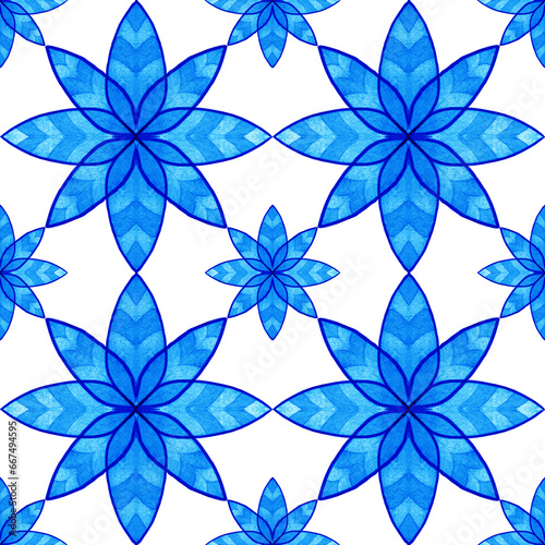 Ceramic tile design in blue colors. Sicilian seamless ornament. Baroque watercolor background. Hand drawn royal ornament. Mediterranean Italian print.