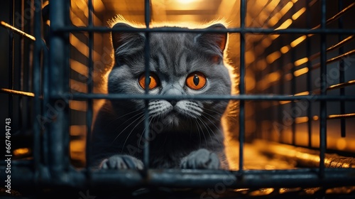 High quality photo of an orange eyed cat in a cage