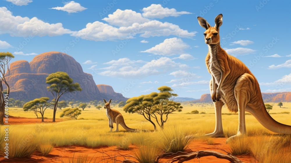 A kangaroo with its joey, standing alert in the vast, open plains of the outback. - obrazy, fototapety, plakaty 