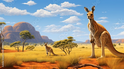 A kangaroo with its joey, standing alert in the vast, open plains of the outback.