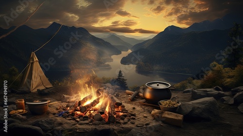 Mountain camping season involves cooking food over a campfire