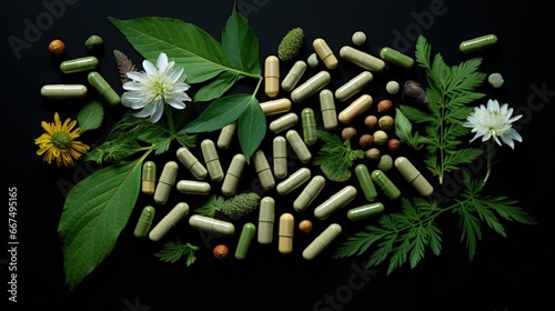 Medicinal neem leaves and flower pills photo