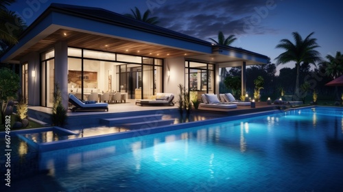 Nighttime building featuring a pool villa with interior and exterior design