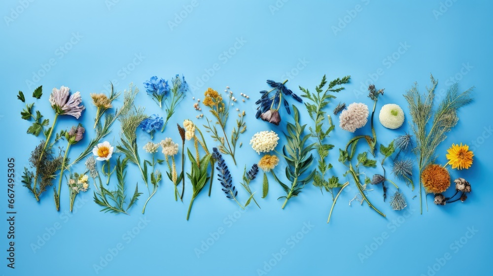 Herbal alternative medicine ingredients and holistic approach on blue background Herbs and flowers for tea Top view copy space - obrazy, fototapety, plakaty 