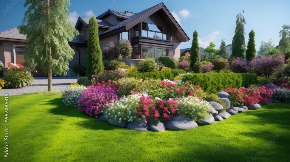 Modern garden care service with a beautiful yard featuring multicolored shrubs and bright green lawns Modern garden care service with a beautiful yard featuring multicolored shrubs and bright green lawns