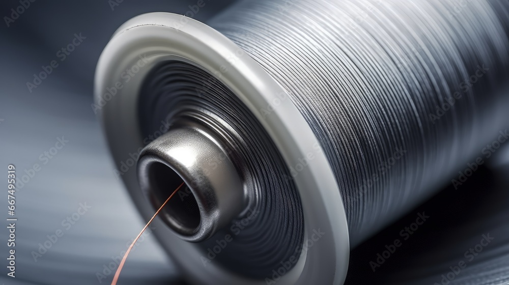Macro background photo of a silver gray spool of sew thread Macro background photo of a silver gray spool of sew thread