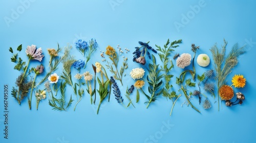 Herbal alternative medicine ingredients and holistic approach on blue background Herbs and flowers for tea Top view copy space