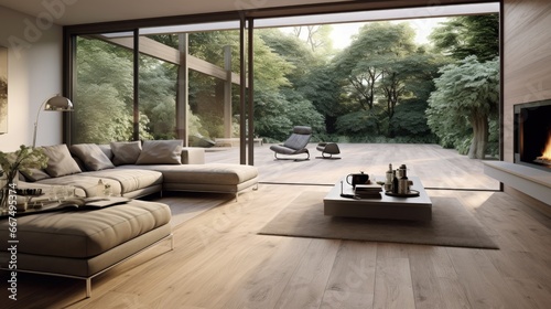 Modern living room with wood flooring overlooking the garden from the inside