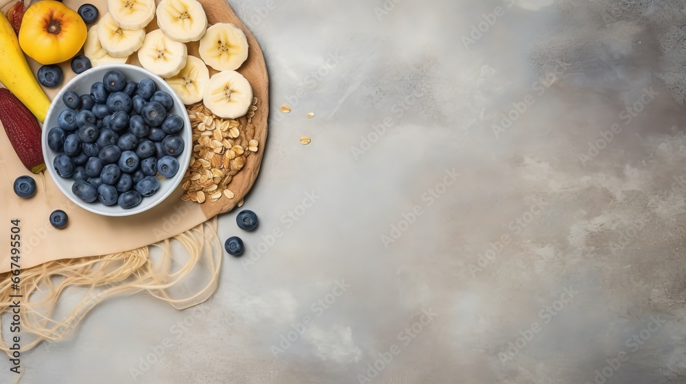 Healthy oatmeal with fruits and nuts for breakfast or lunch presented on a napkin and cement background