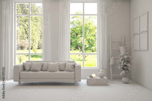 Grey living room concept with sofa and summer landscape in window. Scandinavian interior design. 3D illustration