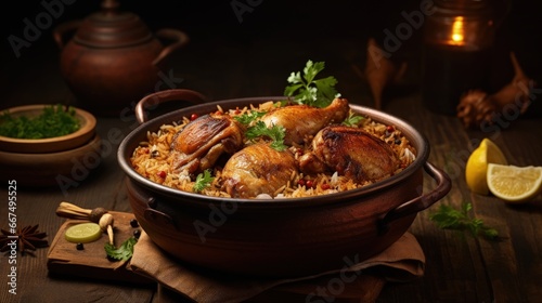 Indian non vegetarian food made in a traditional clay pot called Haandi photo