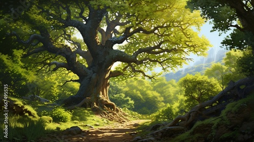 A majestic oak tree standing tall in the midst of a sunlit clearing in a dense forest.