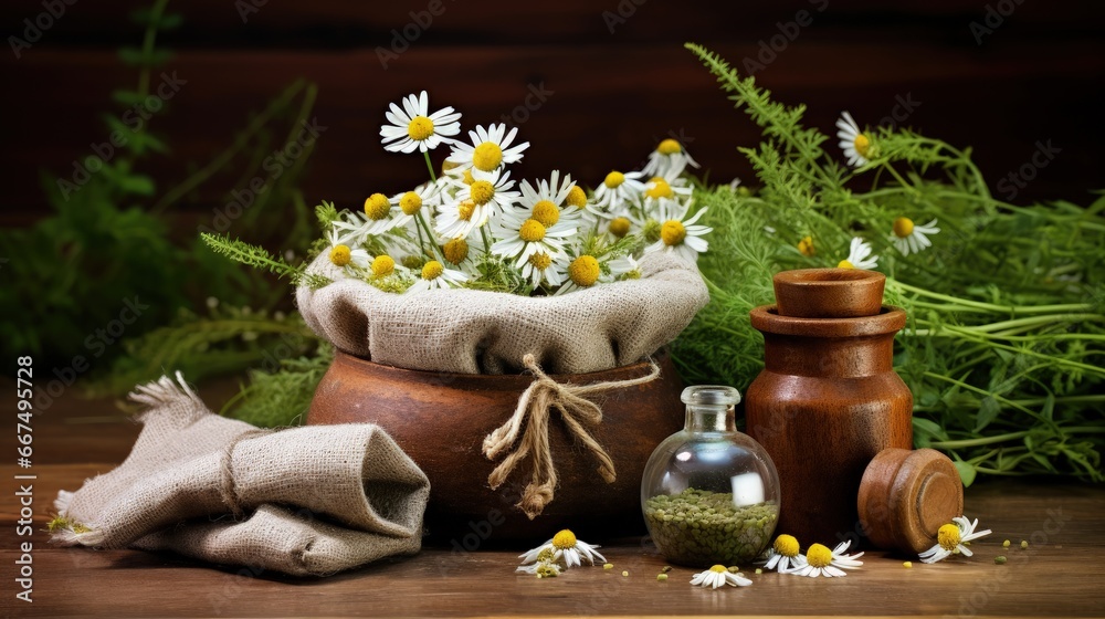 Obraz premium Herbal medicine with chamomile and essential oil in hessian bags on a wooden table