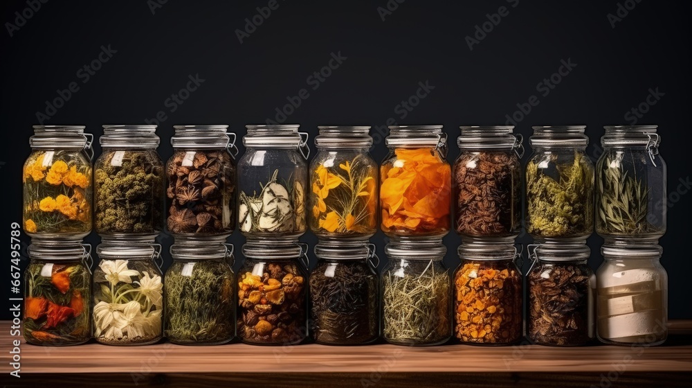 Herbal tea with diverse ingredients in jars for natural healing - obrazy, fototapety, plakaty 