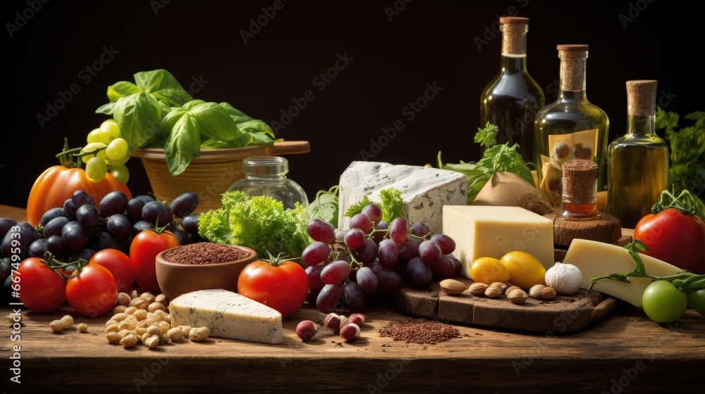 Mediterranean diet with healthy ingredients for cooking on wooden table Mediterranean diet with healthy ingredients for cooking on wooden table