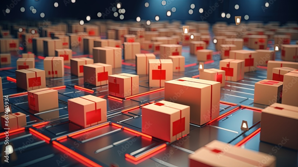 Obraz premium Optimizing delivery routes using cardboard boxes a red pin and logistics warehouse
