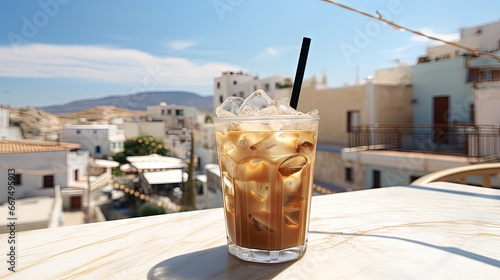 Iced Greek coffee known as freddo cappuccino viewed closely with a straw in Ios Greece photo