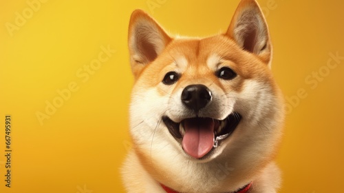 Joyful Japanese shiba inu with red hair poses happily on yellow background