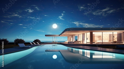 Modern house exterior with illuminated swimming pool against the sky photo