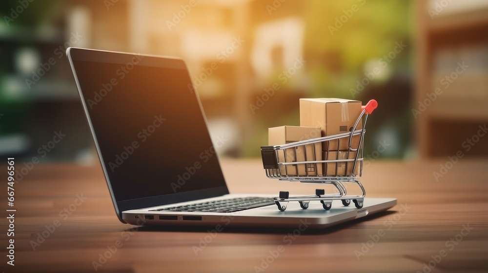 shopping cart on laptop with copy space 
