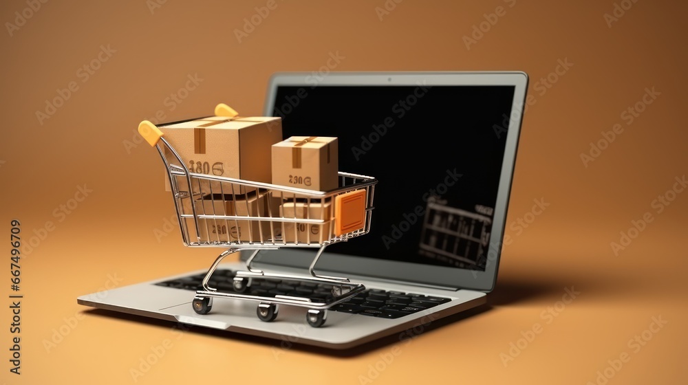 shopping cart on laptop with copy space 