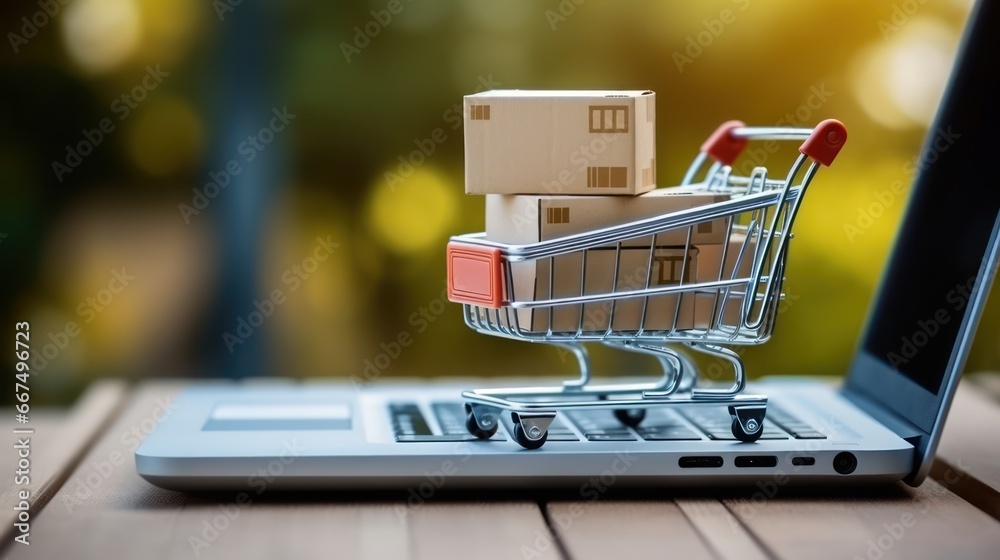 shopping concept, shopping cart with shipping box on laptop 