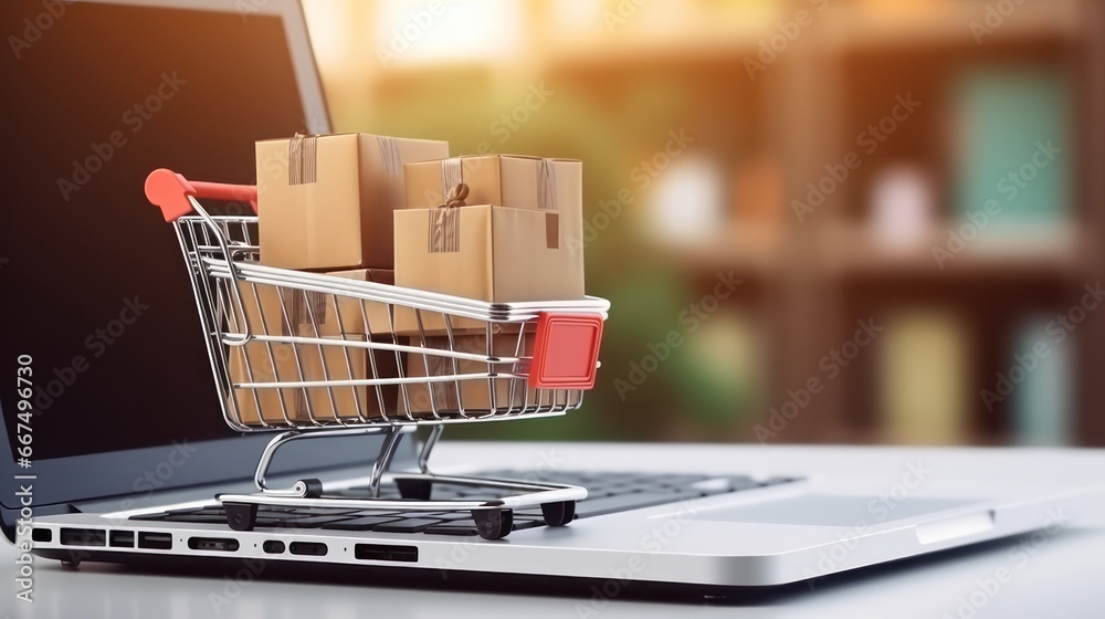 shopping cart with cardboard box on laptop 