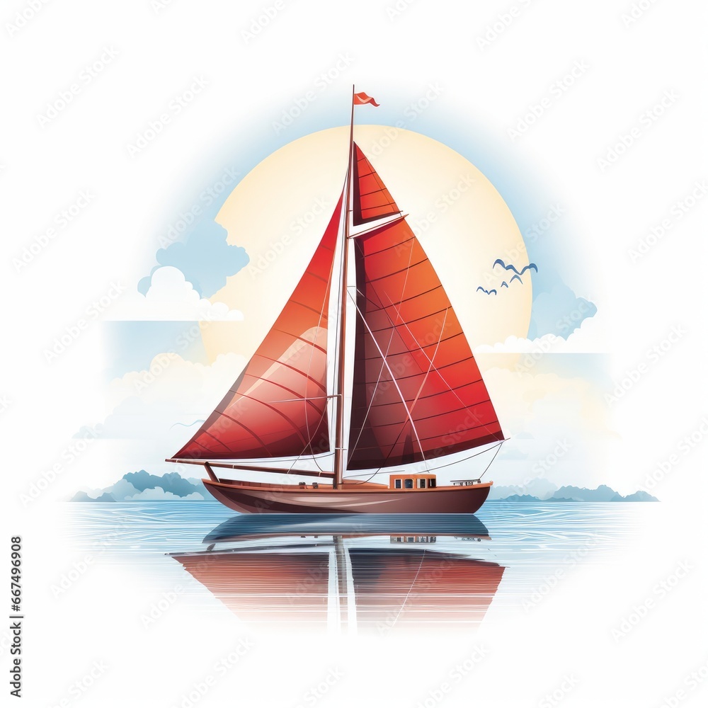 Cartoon a sailboat sailing on calm waters on white background. AI generated