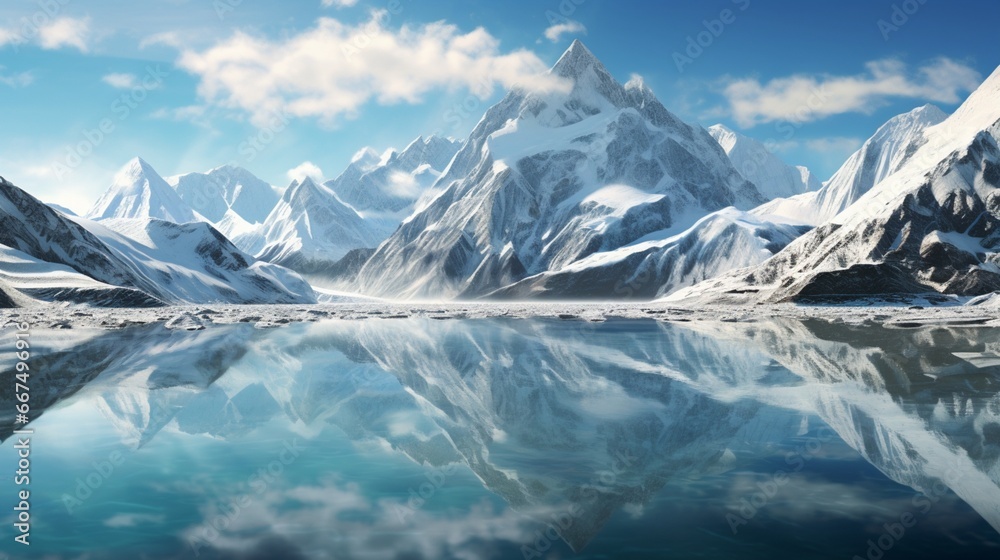 A mirrored reflection of majestic peaks on the surface of a still glacial lake.