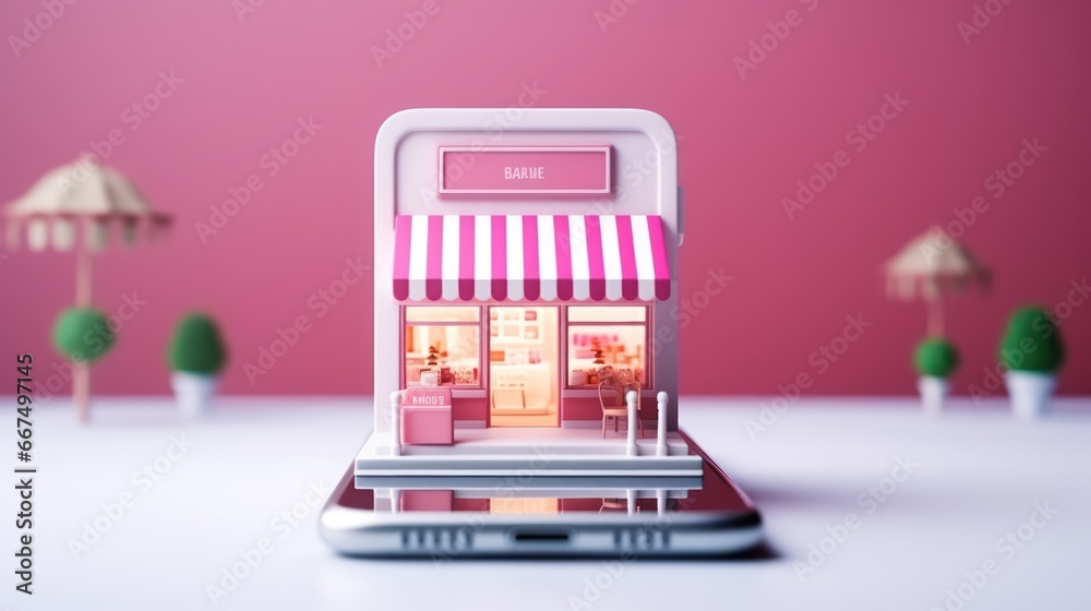 Small mart house shop with shopping cart on smart phone 