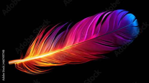 A neon-colored feather glowing vibrantly against a deep black background.