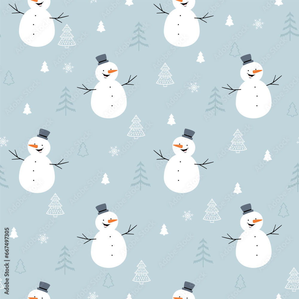 Christmas seamless pattern with funny snowman, snowflakes and christmas tree