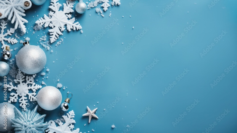 Fototapeta premium Christmas composition ornaments winter gift on blue background top view. copy text space. for template, presentation. advertisement, banner, card.