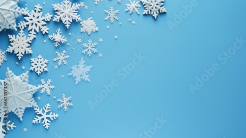 Christmas composition ornaments winter gift on blue background top view. copy text space. for template, presentation. advertisement, banner, card.