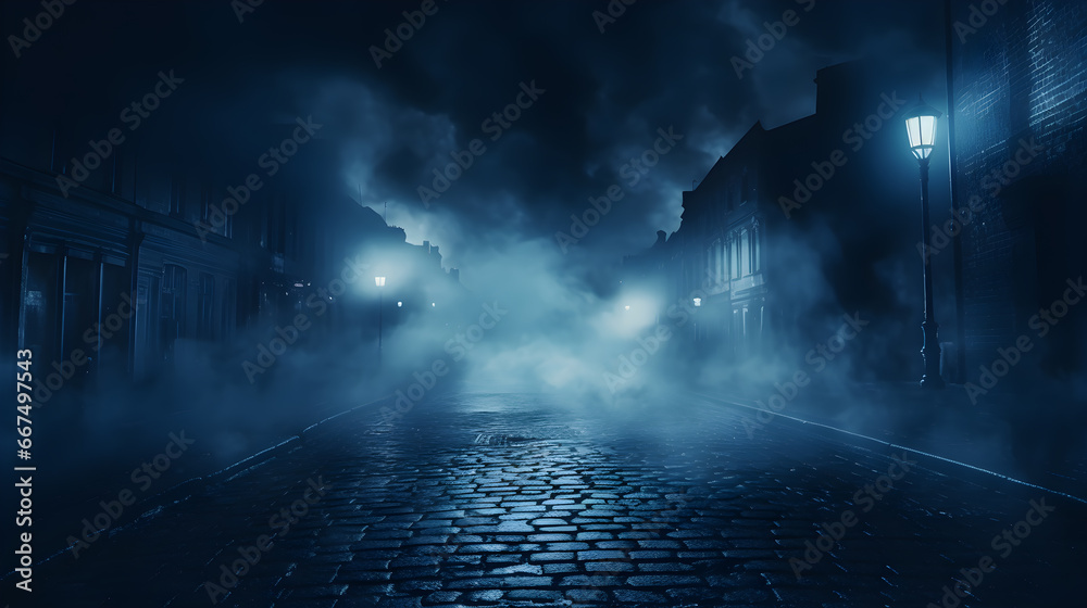 blue smoke over Empty dark city street - obrazy, fototapety, plakaty 