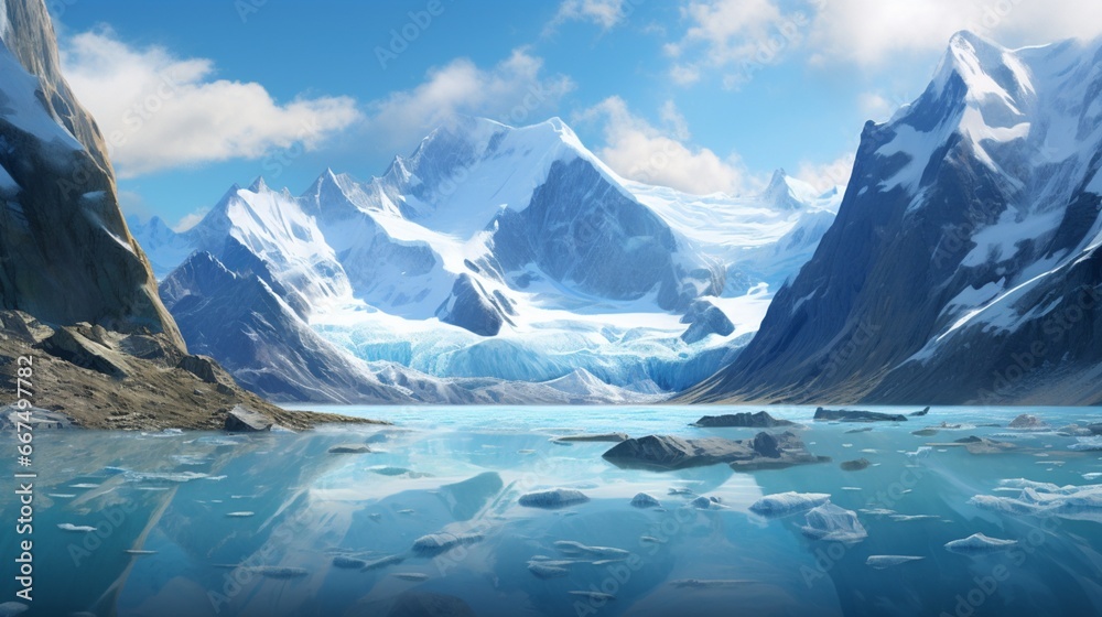 A pristine glacier, its blue ice contrasting sharply with the rugged mountainous landscape surrounding it.