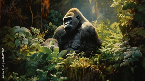 A powerful gorilla, seated contemplatively amidst the lush foliage of its jungle home.