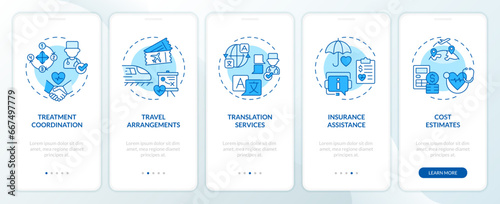 2D icons representing medical tourism mobile app screen set. Walkthrough 5 steps blue graphic instructions with line icons concept, UI, UX, GUI template.