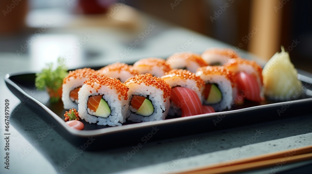 A Close-Up Shot of Sushi Roll with Chopsticks on a Stylish White Tray, A Close-Up Shot of Sushi Roll with Chopsticks on a Stylish White Tray,