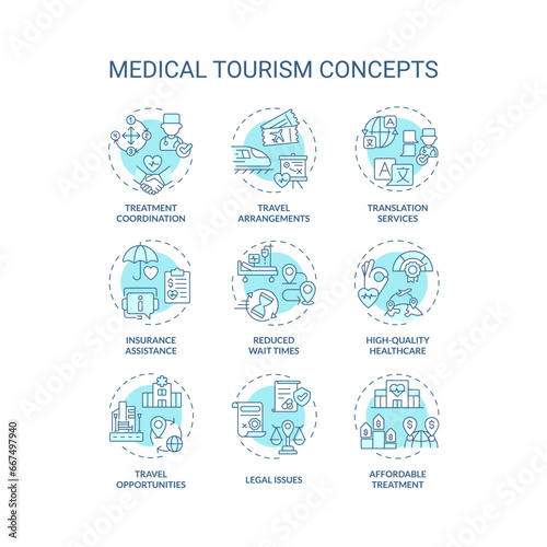 Set of 2D editable blue thin line icons representing medical tourism, isolated monochromatic vector, linear illustration.