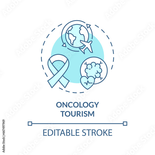 2D editable blue oncology tourism icon, simple isolated monochromatic vector, medical tourism thin line illustration.