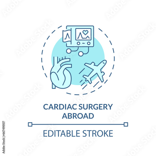 2D editable blue cardiac surgery abroad icon, simple isolated monochromatic vector, medical tourism thin line illustration.