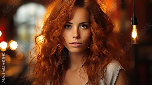 Close-up portrait of her she nice-looking attractive lovely healthy glad cheerful cheery foxy ginger girl enjoying good mood idea solution on background. Generative AI